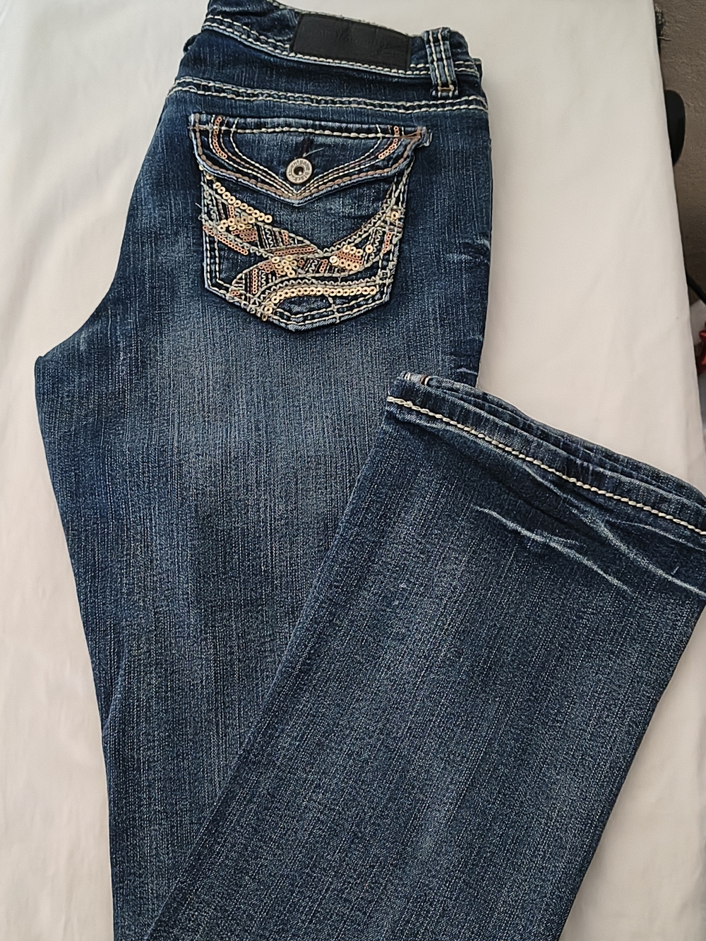 Rue21 7/8 Dark Blue Sequin Accent Button Pocket Bootcut Jeans